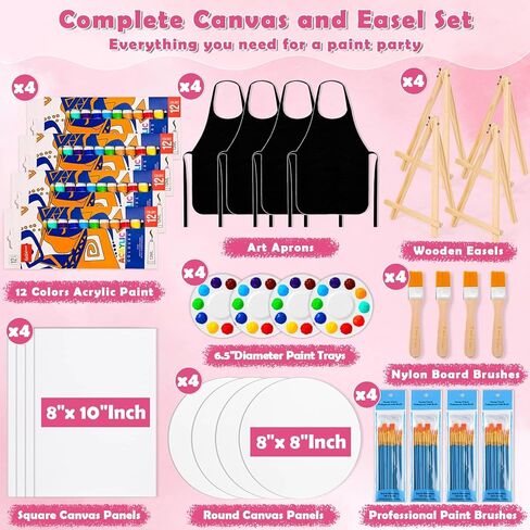 4 Pack Canvas and Easel Set, 8x10 Inch Square& Circular Canvas with Easel Stands, 12 Colors Acrylic Paints, Small Paint Brushes Paint Party Supplies, Sip and Paint Kit for Adults Date Night Couples in Kuwait