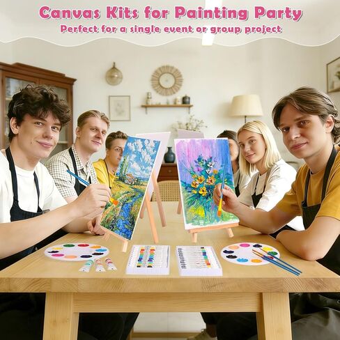 4 Pack Canvas and Easel Set, 8x10 Inch Square& Circular Canvas with Easel Stands, 12 Colors Acrylic Paints, Small Paint Brushes Paint Party Supplies, Sip and Paint Kit for Adults Date Night Couples in Kuwait