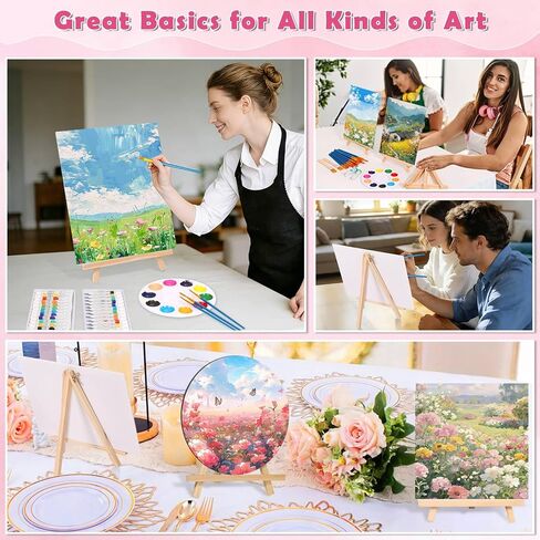 4 Pack Canvas and Easel Set, 8x10 Inch Square& Circular Canvas with Easel Stands, 12 Colors Acrylic Paints, Small Paint Brushes Paint Party Supplies, Sip and Paint Kit for Adults Date Night Couples in Kuwait