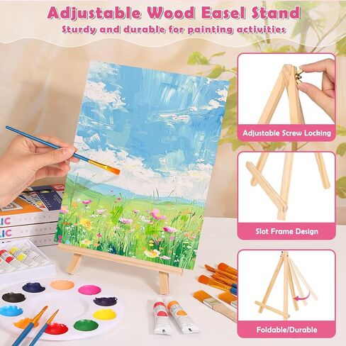 4 Pack Canvas and Easel Set, 8x10 Inch Square& Circular Canvas with Easel Stands, 12 Colors Acrylic Paints, Small Paint Brushes Paint Party Supplies, Sip and Paint Kit for Adults Date Night Couples in Kuwait