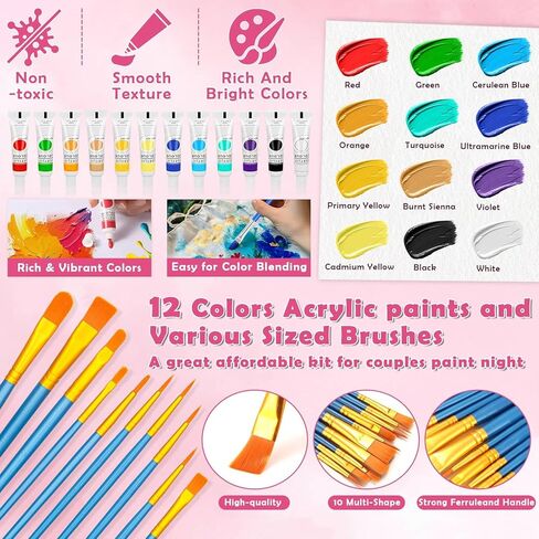 4 Pack Canvas and Easel Set, 8x10 Inch Square& Circular Canvas with Easel Stands, 12 Colors Acrylic Paints, Small Paint Brushes Paint Party Supplies, Sip and Paint Kit for Adults Date Night Couples in Kuwait