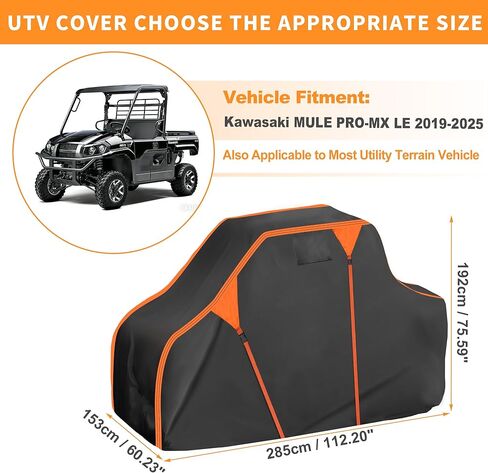 غطاء X AUTOHAUX UTV لـ Kawasaki MULE PRO-MX LE 2019-2025 مقاوم للماء جنبًا إلى جنب غطاء حماية من تخزين المطر في الهواء الطلق 210D-PU أسود 285x153x192 سم/112.2x60.24x75.59in in Kuwait