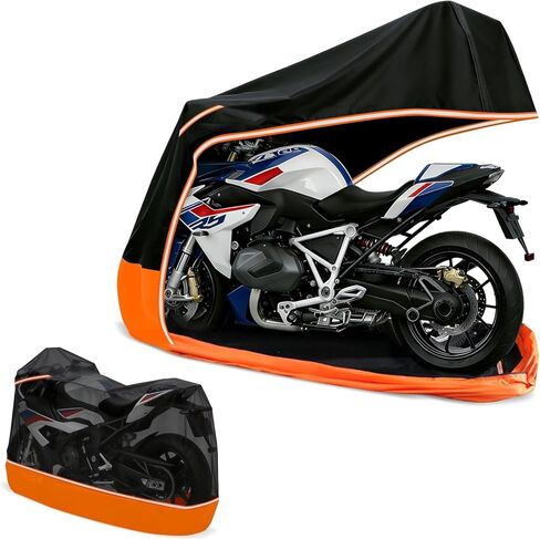 Full Enclosed Motorcycle Cover - Waterproof for Outdoor & Indoor Storage, Heavy 600D Duty with Reflective Strips, Fits Scooters & Touring Motorcycles up to Length96.5" x 45" x 53"Black&Orange in Saudi Arabia