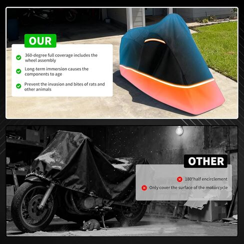 Full Enclosed Motorcycle Cover - Waterproof for Outdoor & Indoor Storage, Heavy 600D Duty with Reflective Strips, Fits Scooters & Touring Motorcycles up to Length96.5" x 45" x 53"Black&Orange in Saudi Arabia