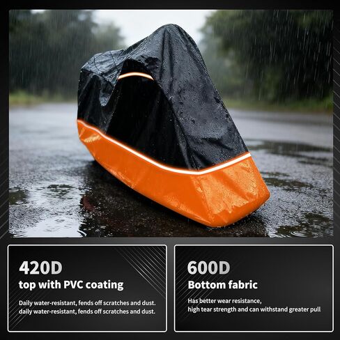 Full Enclosed Motorcycle Cover - Waterproof for Outdoor & Indoor Storage, Heavy 600D Duty with Reflective Strips, Fits Scooters & Touring Motorcycles up to Length96.5" x 45" x 53"Black&Orange in Saudi Arabia
