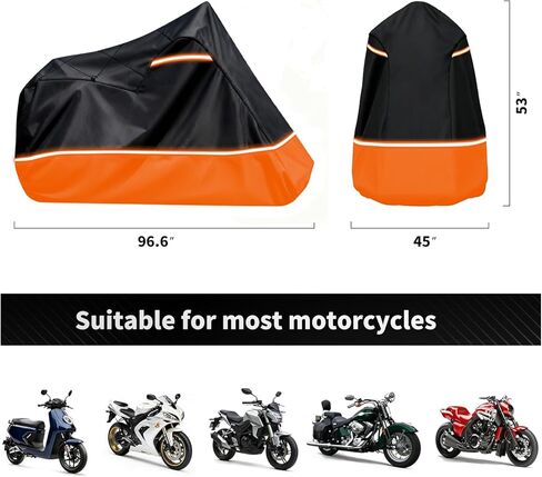 Full Enclosed Motorcycle Cover - Waterproof for Outdoor & Indoor Storage, Heavy 600D Duty with Reflective Strips, Fits Scooters & Touring Motorcycles up to Length96.5" x 45" x 53"Black&Orange in Saudi Arabia