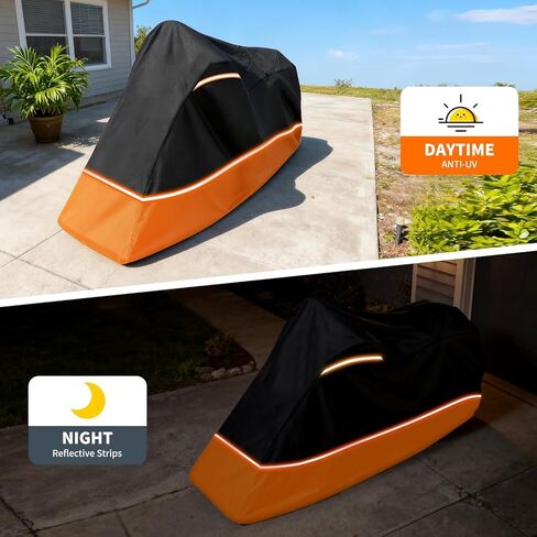 Full Enclosed Motorcycle Cover - Waterproof for Outdoor & Indoor Storage, Heavy 600D Duty with Reflective Strips, Fits Scooters & Touring Motorcycles up to Length96.5" x 45" x 53"Black&Orange in Saudi Arabia