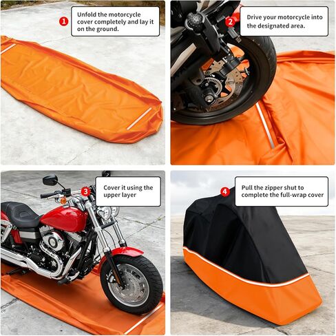 Full Enclosed Motorcycle Cover - Waterproof for Outdoor & Indoor Storage, Heavy 600D Duty with Reflective Strips, Fits Scooters & Touring Motorcycles up to Length96.5" x 45" x 53"Black&Orange in Saudi Arabia