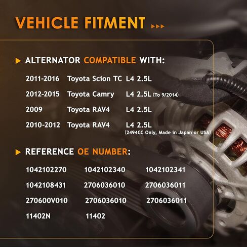 مولد كهربائي جديد مناسب لـ 2009-2012 Toyota RAV4، 2012-2015 Camry، 2011-2016 Scion TC 2.5L L4 استبدال 11402N 2706036010 1042102270 27060-36011 27060-0V010 104210-8431 104210-2340 in Kuwait