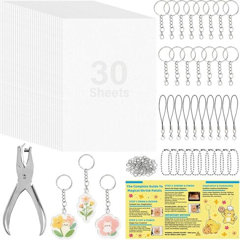 Dayify 166 Pcs Shrink Paper Keychain Kit, 30 Pcs Shrink Plastic Sheets for DIY Crafts, Complete Shrinky Art Set with Hole Punch, Jump Rings, Beaded Chains, Lanyards & Keychain Supplies in Saudi Arabia