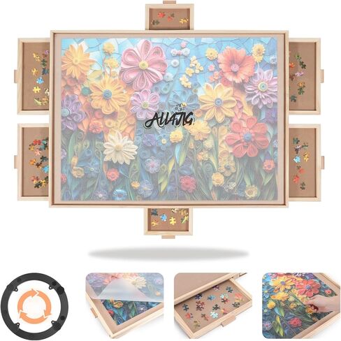 ALL4JIG 1500 Pieces Rotating Puzzle Board with 6 Drawers and Cover,26"x35"Portable Wooden Jigsaw Puzzle Table for Adults,Lazy Susan Spinning Puzzle Boards Birthday Gift for mom in Saudi Arabia