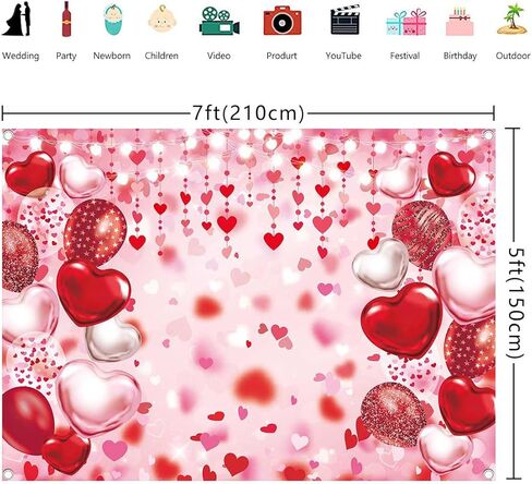 Valentine's Day Backdrop Red Pink Glitter Love Heart Valentines Photography Background Happy Valentines Day Bridal Shower Wedding Anniversary Party Decor Banner Photo Booth Props (7x5FT(82 x 59 inch)) in Saudi Arabia
