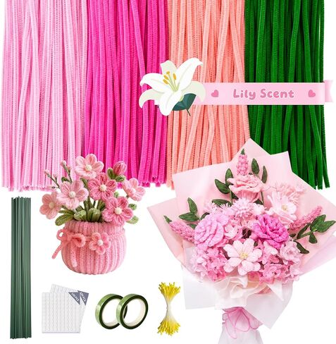 POMBUDS 500 Pipe Cleaner Flower Craft Kit – 400 Chenille Stems（4 Colors, 100 pcs of Each）, 20 Green Floral Stems, 2 Rolls Floral Tape, Stamens for DIY Pipe Cleaner Bouquets and Decorations, Pink in Saudi Arabia