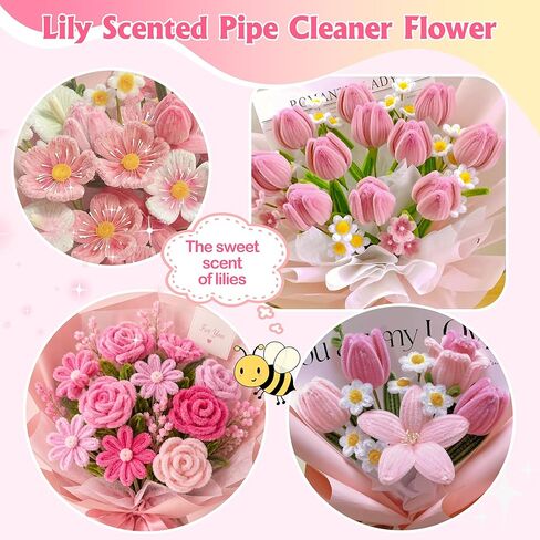 POMBUDS 500 Pipe Cleaner Flower Craft Kit – 400 Chenille Stems（4 Colors, 100 pcs of Each）, 20 Green Floral Stems, 2 Rolls Floral Tape, Stamens for DIY Pipe Cleaner Bouquets and Decorations, Pink in Saudi Arabia