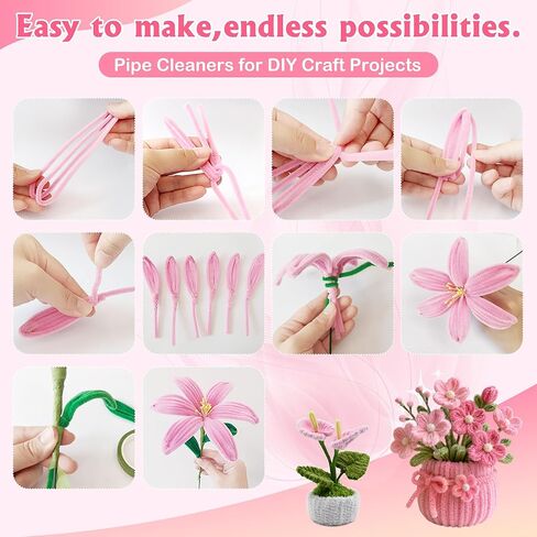 POMBUDS 500 Pipe Cleaner Flower Craft Kit – 400 Chenille Stems（4 Colors, 100 pcs of Each）, 20 Green Floral Stems, 2 Rolls Floral Tape, Stamens for DIY Pipe Cleaner Bouquets and Decorations, Pink in Saudi Arabia
