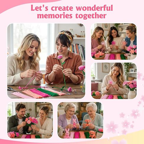 POMBUDS 500 Pipe Cleaner Flower Craft Kit – 400 Chenille Stems（4 Colors, 100 pcs of Each）, 20 Green Floral Stems, 2 Rolls Floral Tape, Stamens for DIY Pipe Cleaner Bouquets and Decorations, Pink in Saudi Arabia