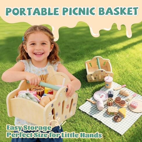 مجموعة لعب نزهة خشبية من بوتاتوماتو للأطفال الصغار - مجموعة طعام مكونة من 25+ قطعة مع قطع الحلويات وسلة وظيفية - ملحقات المطبخ للعب التظاهري من مونتيسوري - هدية عيد ميلاد للفتيات والأولاد in Kuwait