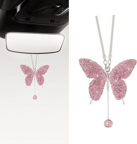 Bling Butterfly Diamond Car Accessories, Crystal Car Rear View Mirror Charms for Women Girls, Auto Decoration Interior Hanging Ornament Pendant Valentine's Day Presents for All Cars (Black) in Kuwait