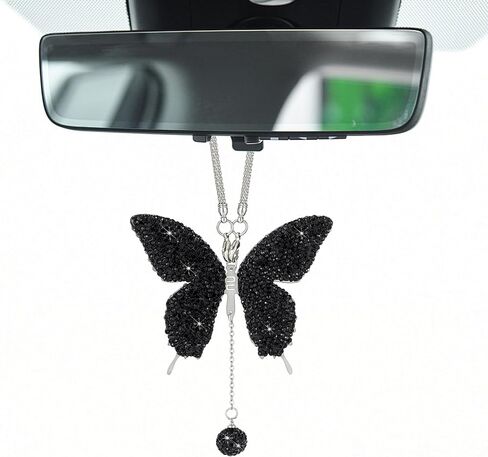 Bling Butterfly Diamond Car Accessories, Crystal Car Rear View Mirror Charms for Women Girls, Auto Decoration Interior Hanging Ornament Pendant Valentine's Day Presents for All Cars (Black) in Saudi Arabia