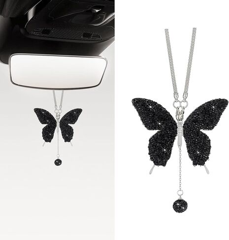 Bling Butterfly Diamond Car Accessories, Crystal Car Rear View Mirror Charms for Women Girls, Auto Decoration Interior Hanging Ornament Pendant Valentine's Day Presents for All Cars (Black) in Saudi Arabia
