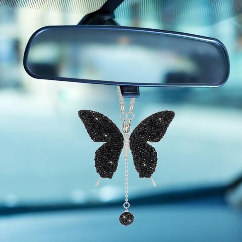 Bling Butterfly Diamond Car Accessories, Crystal Car Rear View Mirror Charms for Women Girls, Auto Decoration Interior Hanging Ornament Pendant Valentine's Day Presents for All Cars (Black) in Saudi Arabia