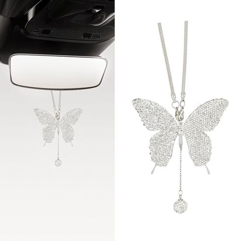 Bling Butterfly Diamond Car Accessories, Crystal Car Rear View Mirror Charms for Women Girls, Auto Decoration Interior Hanging Ornament Pendant Valentine's Day Presents for All Cars (Black) in Saudi Arabia