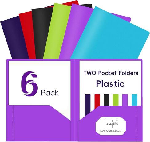 Binditek Plastic Folders with Pockets (6 Pack, Assorted Colors), Heavy Duty 2-Pocket File Folders with Business Card Slot, for Letter Size in Saudi Arabia