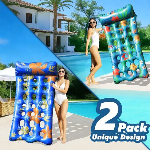Pool Floats Lounger, 2 PCS 72''x35'' Ultra-Comfort Pool Rafts for Adults with Cooling Headrest and Cup Holders, Pool Floaties Raft Mat for Sun Tanning Swimming Beach Outdoor Pool Lake Party in Kuwait