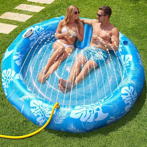 Pool Inflatable Tanning Pool Lounger Float with Sprinkler, 72"x65" Round Pool Float Adults with Pillow XL Cup Holder Handle Blow Up Tanning Bed for Summer Sunbathing Water Lounge Party Gifts, Blue in Saudi Arabia