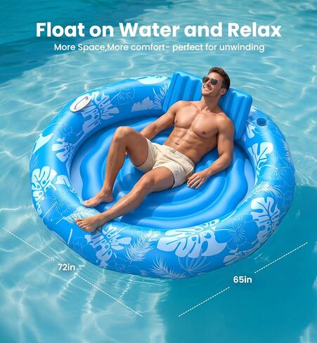 Pool Inflatable Tanning Pool Lounger Float with Sprinkler, 72"x65" Round Pool Float Adults with Pillow XL Cup Holder Handle Blow Up Tanning Bed for Summer Sunbathing Water Lounge Party Gifts, Blue in Saudi Arabia