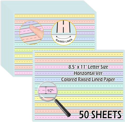 50 Sheets Horizontal Handwriting Paper Raised Line Paper Wide Ruled 0.5 Inch Kindergarten Writing Paper with Lines 8.5"x 11" Colored ADHD Writing Practice for Kids Learning Multi Sensory Dysgraphia in Saudi Arabia