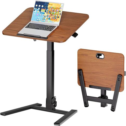 25 Inch Mobile Foldable Standing Desk, 180 Degree Tiltable Portable Rolling Laptop Table, Height Adjustable Sit-Stand Desk with Wheels, No Assembly Computer Workstation for Home Office, Brown in Saudi Arabia