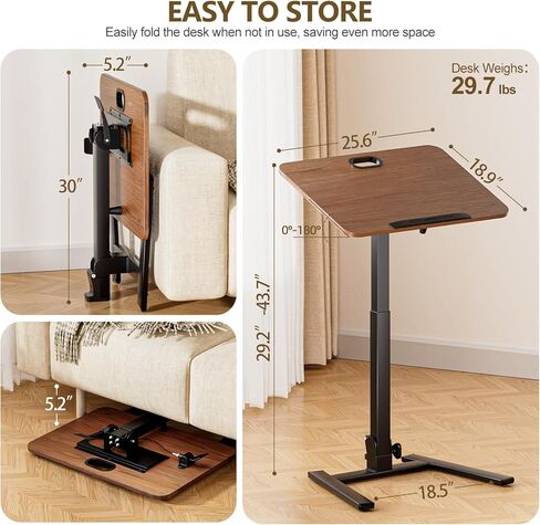 25 Inch Mobile Foldable Standing Desk, 180 Degree Tiltable Portable Rolling Laptop Table, Height Adjustable Sit-Stand Desk with Wheels, No Assembly Computer Workstation for Home Office, Brown in Saudi Arabia