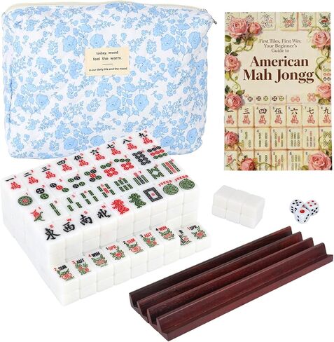 Travel American Mahjong Tile Set, 166 PCS 0.8 Inch Mini Mahjong Game Tiles, 4 Wooden Racks, Floral Storage Bag, 3 Dice & Beginner's Guide, Complete Portable Set in Saudi Arabia