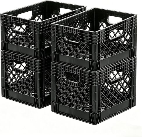 Heavy-Duty Plastic Milk Crate, 16QT Stackable Storage Crate with Handles, 12x12x10.5 Inch Black Plastic Crate for Organizing Supplies, Garage, Kitchen & Home Organization in Saudi Arabia