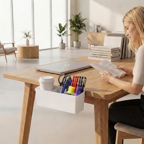 Desk Side Storage, Side Desk Organizer, No Drill Hanging Desk Organizer with 4 Large Pockets, Table Hanging Storage for Office & Home, Fits Flat Table Edge 1.26" (White) in Saudi Arabia