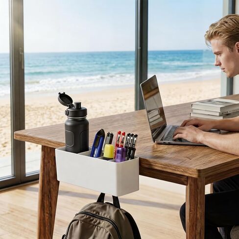 Desk Side Storage, Side Desk Organizer, No Drill Hanging Desk Organizer with 4 Large Pockets, Table Hanging Storage for Office & Home, Fits Flat Table Edge 1.26" (White) in Saudi Arabia