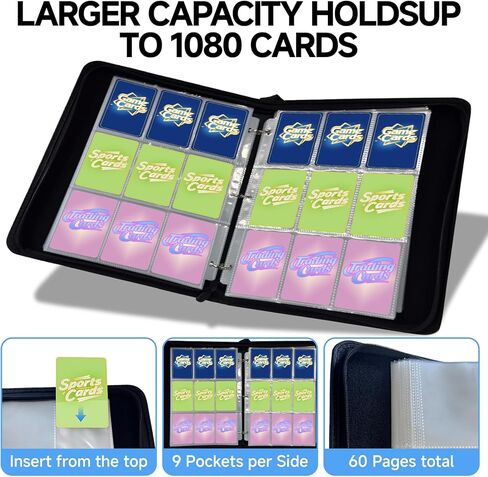 9 Pocket Trading Card Binder, Holds 1080 Cards with 60 Removable Double-Sided Sleeves, Premium Zipper Top Loader Card Collection Album, PU Card Folder Holder for MTG, TCG, Baseball, Sports Cards in Saudi Arabia