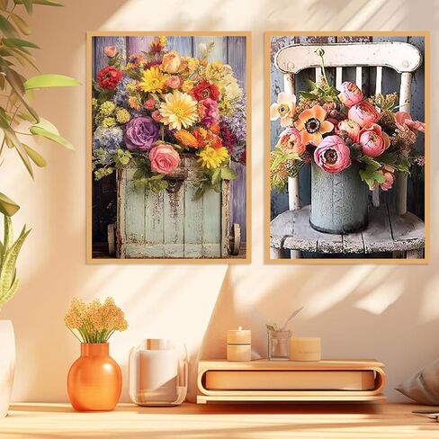Mowana Flowers Diamond Art Kits for Adults, 5D DIY Diamond Art Painting Kits on Canvas, Rustic Floral Diamond Art for Beginners, 2 Pack Vintage Flower Diamond Painting Wall Décor 16x12inch in Saudi Arabia