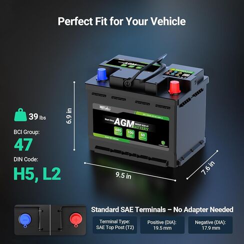 بطارية سيارة HQST ​​H5 Group 47 AGM، 12 فولت 60 أمبير 680 CCA 100RC، بطارية سيارة بدء التشغيل لسيارات السيدان وسيارات الدفع الرباعي والشاحنات وبطارية بديلة للسيارات لا تحتاج إلى صيانة in Kuwait