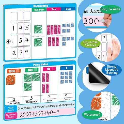 Giant Magnetic Place Value Chart Addition and Subtraction Learning Math Games, Dry Erase Base Ten Blocks Board Math Manipulatives 1st 2nd 3rd Grade Homeschool Teacher Classroom Must Haves in Saudi Arabia