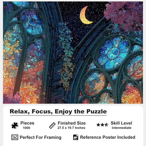 Puzzles for Adults 1000 Pieces, Stained Glass Cat Fantasy Night Moon Scene, Challenging Puzzle Game with Poster, Matte Finish, Interlock Perfectly Frameable Wall Decor Gift in Saudi Arabia