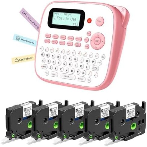 صانع الملصقات الوردية مع أشرطة بيضاء 5PK مقاس 12 مم، صانع ملصقات للأطفال، آلة ملصقات لوحة مفاتيح QWERTY محمولة باليد، ملصق سهل D210S مع باركود إطاري متعدد الخطوط للمنزل والمكتب وهدايا الأعمال الصغيرة in Kuwait