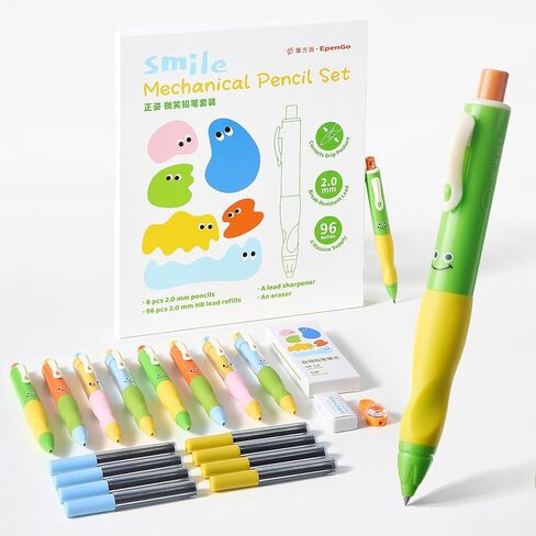 Thick Mechanical Pencil for Kids, Smile Handwriting Pencil with Non-Slip Grip & 2.0mm HB Lead, Break-Resistant, 8 Pack Includes 96 Refills #2, Sharpener & Eraser in Saudi Arabia