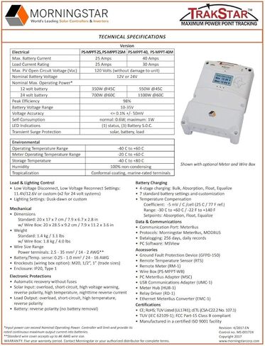 وحدة التحكم بالشحن بالطاقة الشمسية Morningstar Prostar 40A MPPT (PS-MPPT-40) - منظم الألواح الشمسية، يدعم بطاريات LA/ليثيوم 12 فولت/24 فولت، التحكم في الإضاءة/LVD، تصنيف HazLoc، ضوضاء منخفضة - مصمم في الولايات المتحدة الأمريكية in Kuwait