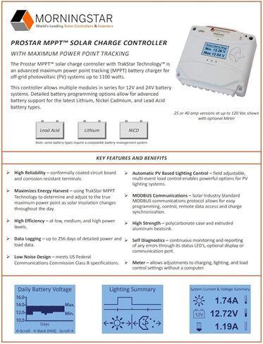 وحدة التحكم بالشحن بالطاقة الشمسية Morningstar Prostar 40A MPPT (PS-MPPT-40) - منظم الألواح الشمسية، يدعم بطاريات LA/ليثيوم 12 فولت/24 فولت، التحكم في الإضاءة/LVD، تصنيف HazLoc، ضوضاء منخفضة - مصمم في الولايات المتحدة الأمريكية in Kuwait