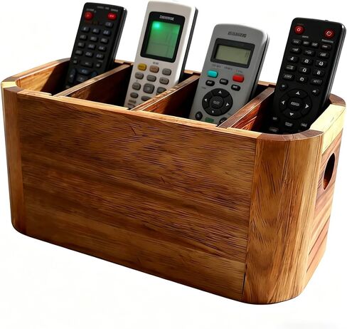 Acacia Wood Remote Control Holder TV Remote Holder - 4 Compartment Remote Control Organizer for Table, Solid Wood Remote Caddy for Coffee Table, Nightstand, Desk, Farmhouse Home Decor in Saudi Arabia
