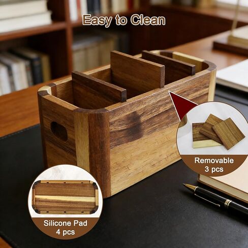 Acacia Wood Remote Control Holder TV Remote Holder - 4 Compartment Remote Control Organizer for Table, Solid Wood Remote Caddy for Coffee Table, Nightstand, Desk, Farmhouse Home Decor in Saudi Arabia