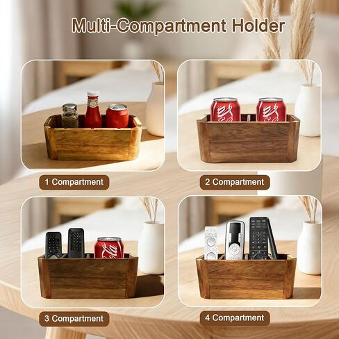 Acacia Wood Remote Control Holder TV Remote Holder - 4 Compartment Remote Control Organizer for Table, Solid Wood Remote Caddy for Coffee Table, Nightstand, Desk, Farmhouse Home Decor in Saudi Arabia