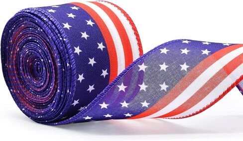 2.5" x 10m Patriotic American Flag Ribbon for Gift Wrapping – Red White Blue Wired Ribbon for Bows, Wreaths, DIY Crafts, Floral Arrangements, and 4th of July Decorations in Kuwait